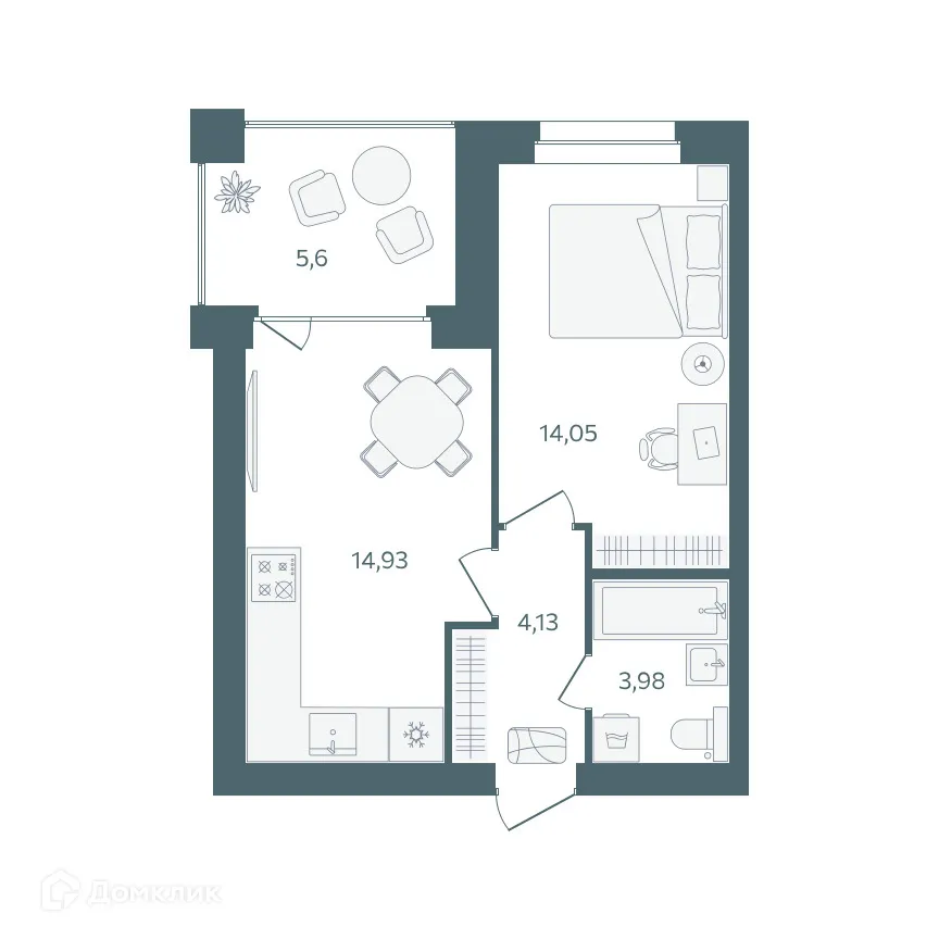 Планировка 1-комнатной квартиры 39.89 м² в ЖК "Волга-Лайф резиденции", г. Ярославль — фото 1