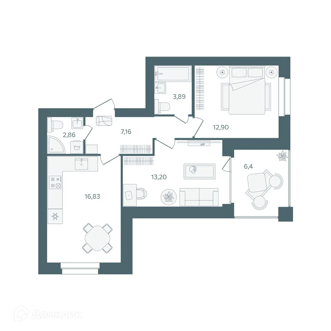 Планировка 2-комнатной квартиры 60.04 м² в ЖК "Волга-Лайф резиденции", г. Ярославль — фото 1