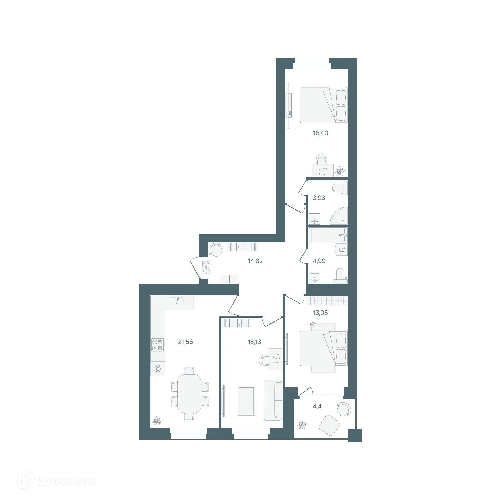 Планировка 3-комнатной квартиры 92.08 м² в ЖК "Волга-Лайф резиденции", г. Ярославль — фото 1