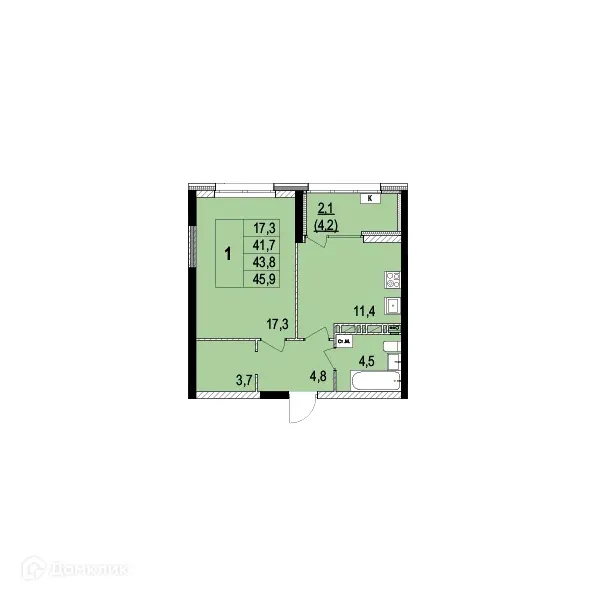 Планировка 1-комнатной квартиры 43.8 м² в ЖК Жилой дом на Лисицына, г. Ярославль — фото 1