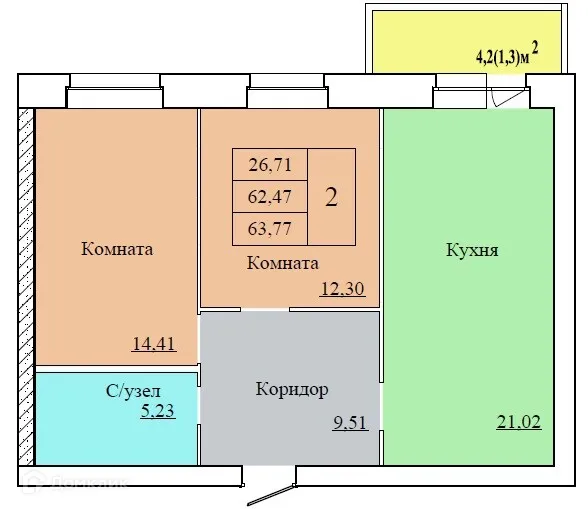 Планировка 2-комнатной квартиры 63.77 м² в ЖК ВИВАТ, г. Ярославль — фото 1