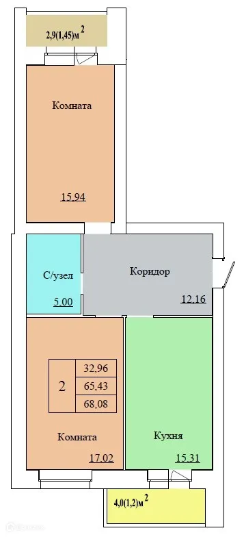 Планировка 2-комнатной квартиры 68.08 м² в ЖК ВИВАТ, г. Ярославль — фото 1