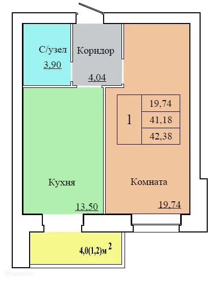Планировка 1-комнатной квартиры 42.38 м² в ЖК ВИВАТ, г. Ярославль — фото 1
