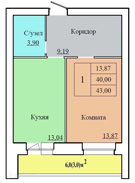 Планировка 1-комнатной квартиры 43 м² в ЖК ВИВАТ, г. Ярославль — фото 1