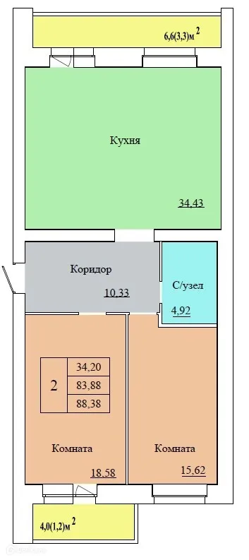 Планировка 2-комнатной квартиры 88.38 м² в ЖК ВИВАТ, г. Ярославль — фото 1