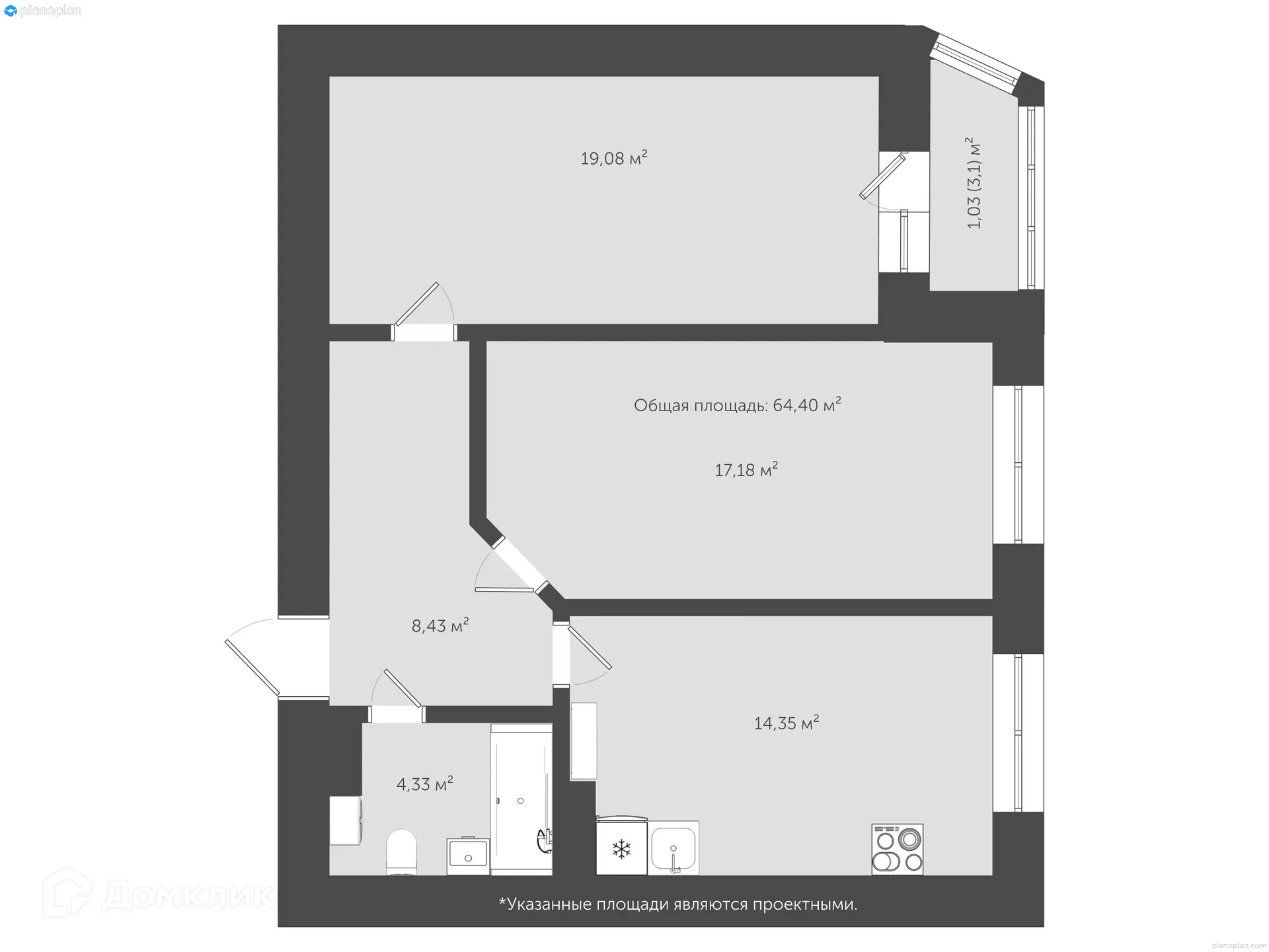 Планировка 2-комнатной квартиры 68.9 м² в ЖК "Гармония NEXT (Гармония Нехт) ", г. Ярославль — фото 2
