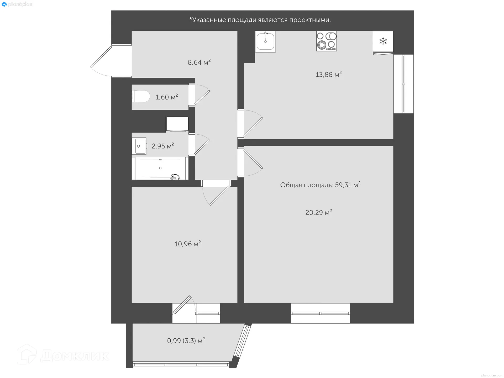 Планировка 2-комнатной квартиры 65.5 м² в ЖК "Гармония NEXT (Гармония Нехт) ", г. Ярославль — фото 2