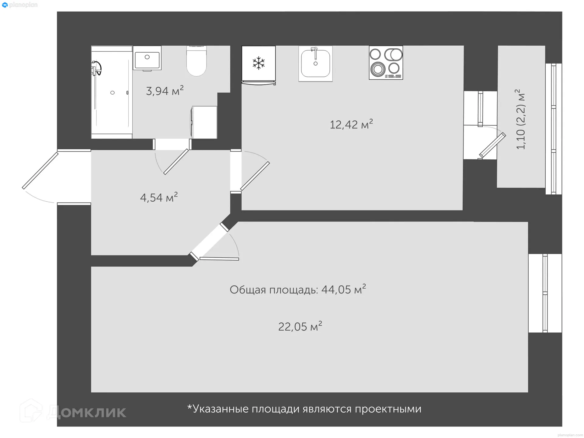 Планировка 1-комнатной квартиры 45.7 м² в ЖК "Гармония NEXT (Гармония Нехт) ", г. Ярославль — фото 2