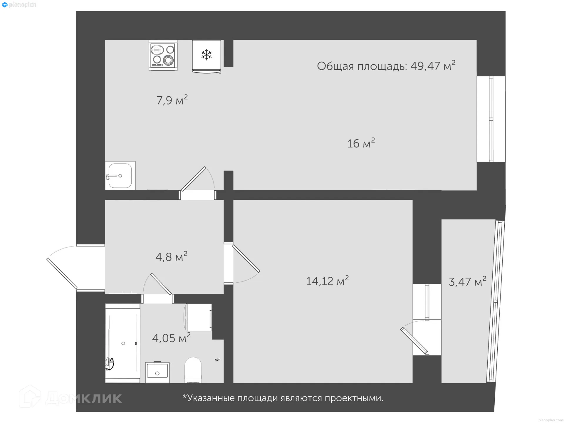 Планировка 1-комнатной квартиры 52.4 м² в ЖК "Гармония NEXT (Гармония Нехт) ", г. Ярославль — фото 1