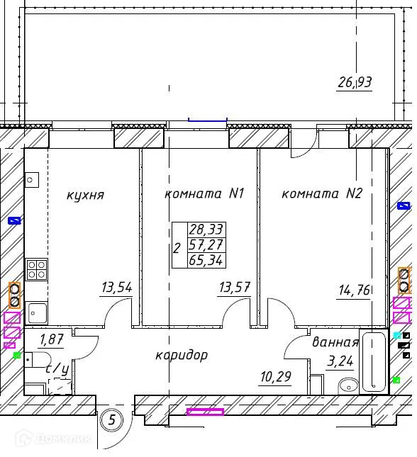 Планировка 2-комнатной квартиры 65.34 м² в ЖК МЯТА, г. Ярославль — фото 1