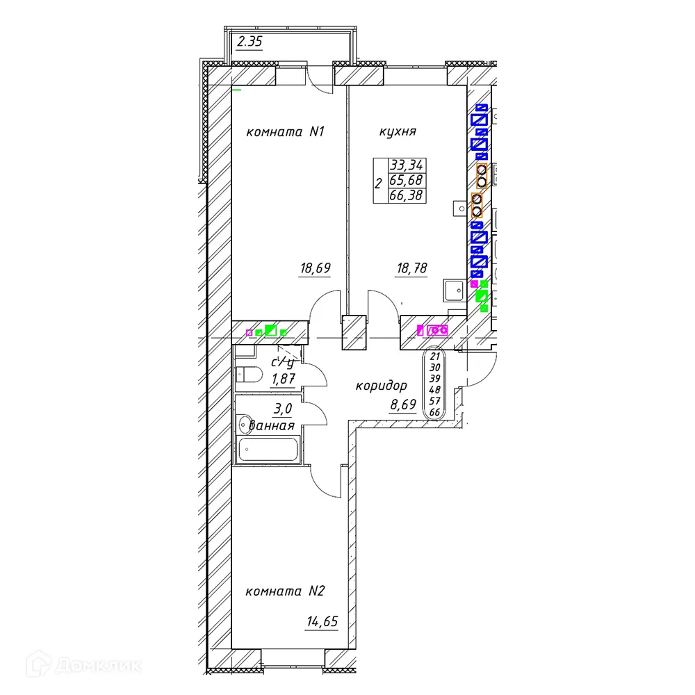 Планировка 2-комнатной квартиры 66.38 м² в ЖК МЯТА, г. Ярославль — фото 1