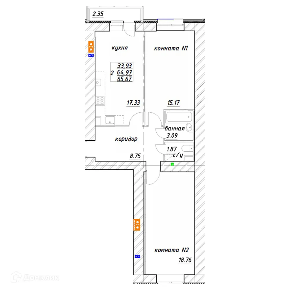 Планировка 2-комнатной квартиры 65.67 м² в ЖК МЯТА, г. Ярославль — фото 1