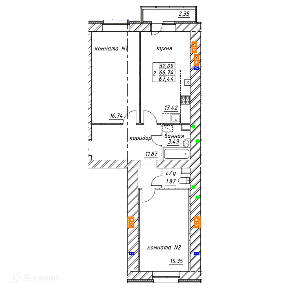 Планировка 2-комнатной квартиры 67.44 м² в ЖК МЯТА, г. Ярославль — фото 1