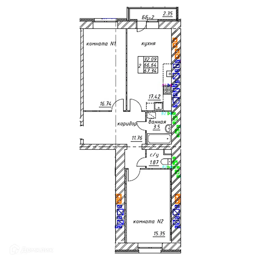 Планировка 2-комнатной квартиры 67.34 м² в ЖК МЯТА, г. Ярославль — фото 1