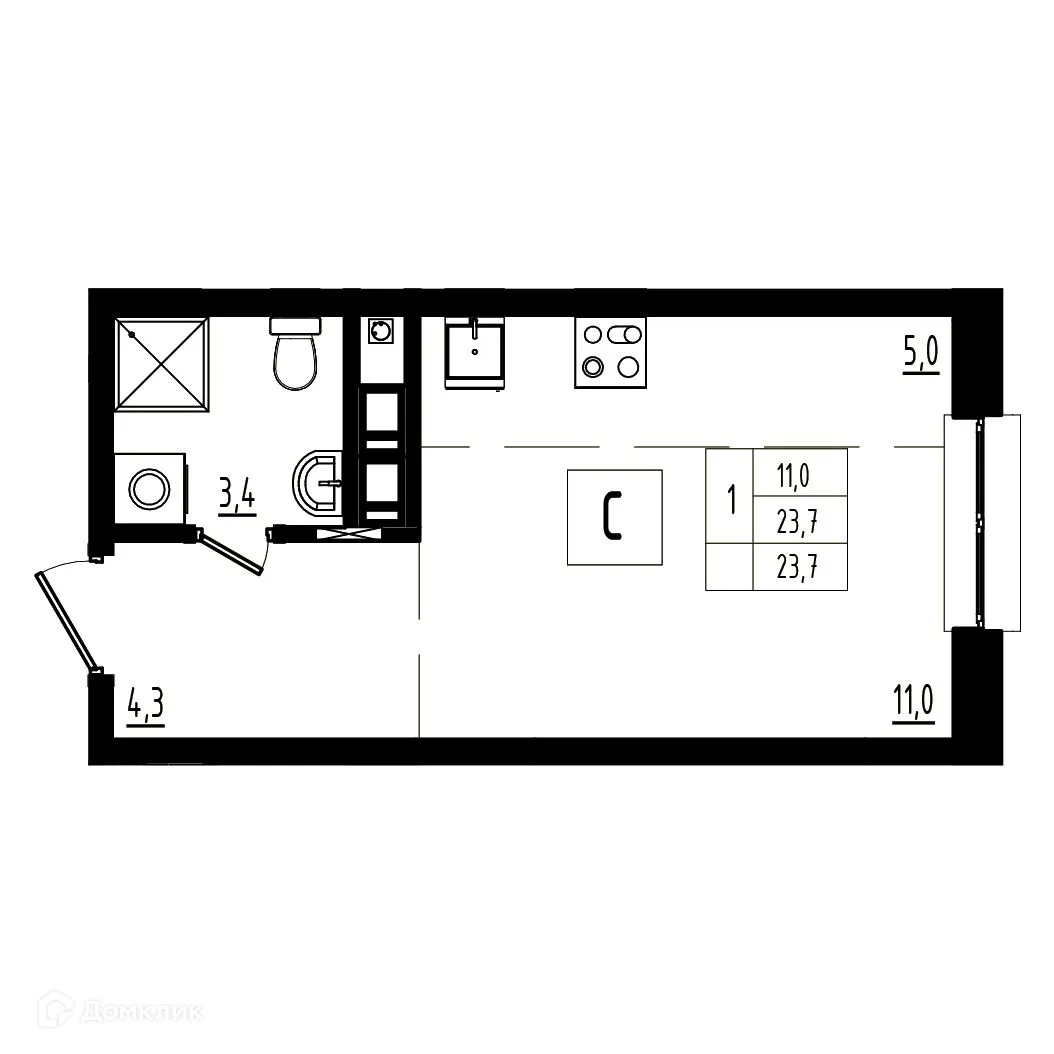 Планировка студии квартиры 23.7 м² в ЖК Мелодия леса, г. Ярославль — фото 1