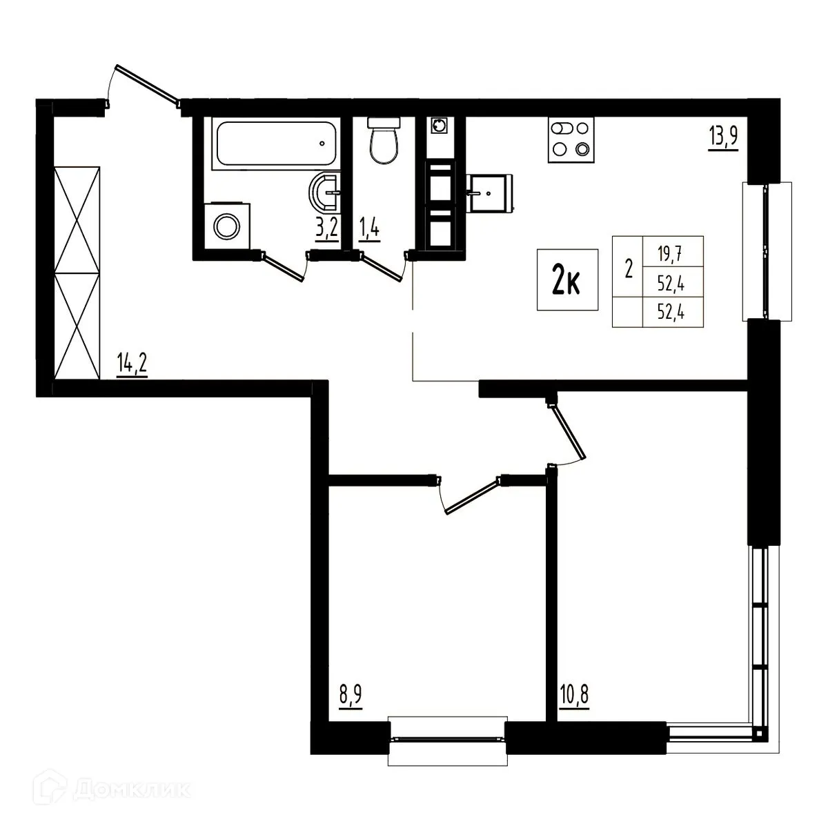 Планировка 2-комнатной квартиры 52.4 м² в ЖК Мелодия леса, г. Ярославль — фото 1