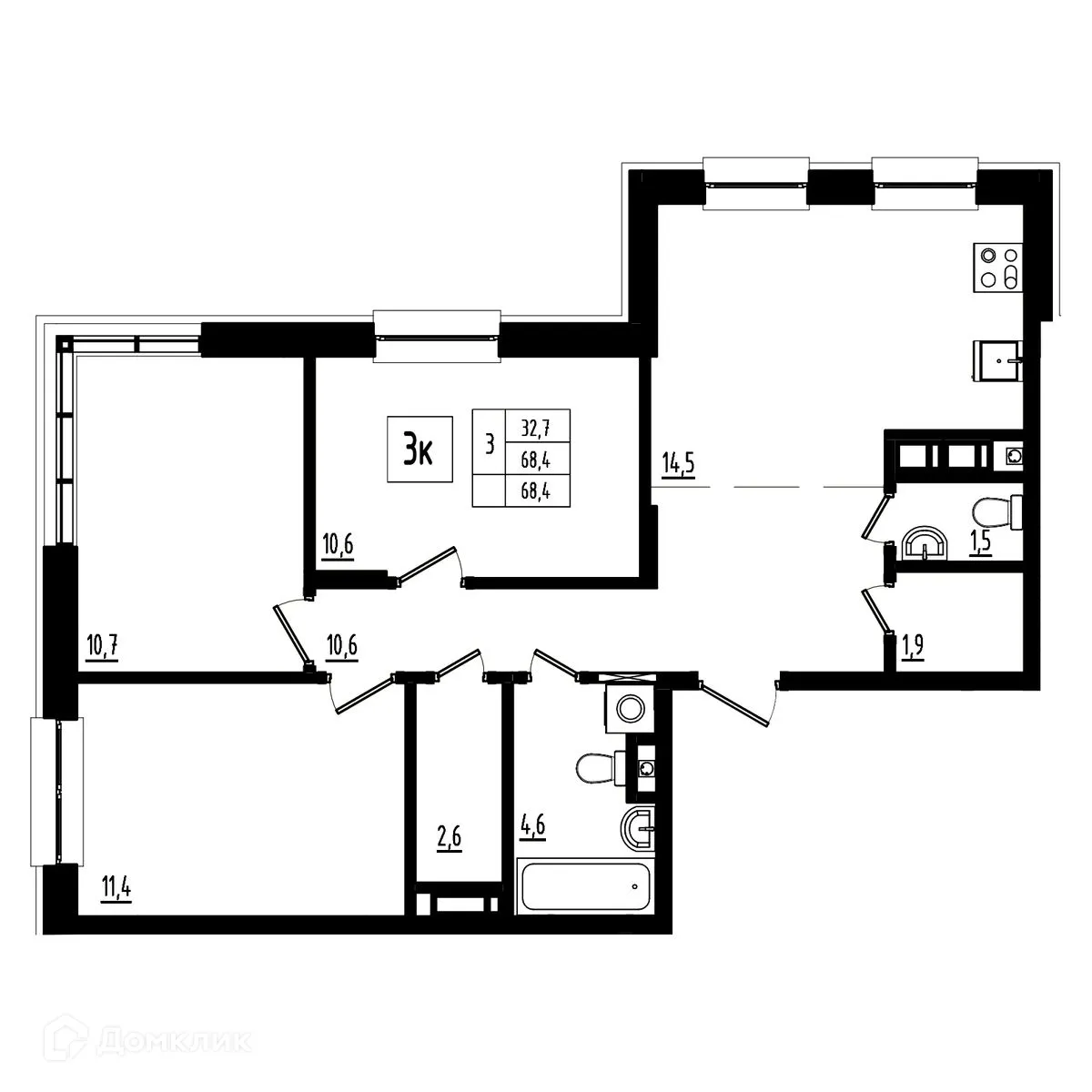 Планировка 3-комнатной квартиры 68.4 м² в ЖК Мелодия леса, г. Ярославль — фото 1
