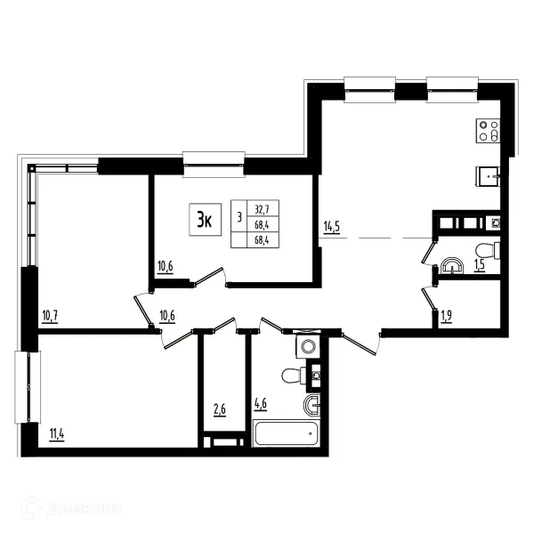 Планировка 3 комн. в ЖК Мелодия леса