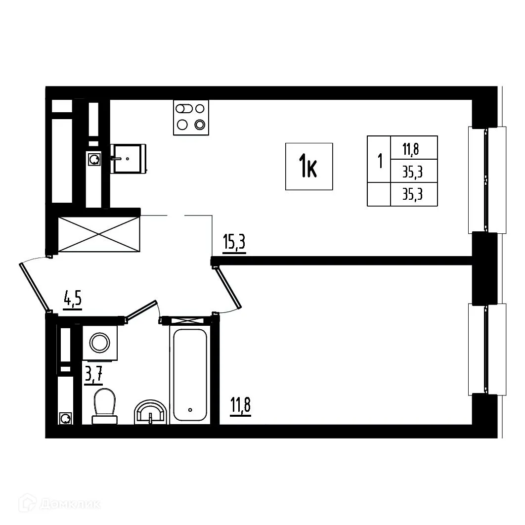 Планировка 1-комнатной квартиры 35.3 м² в ЖК Мелодия леса, г. Ярославль — фото 1