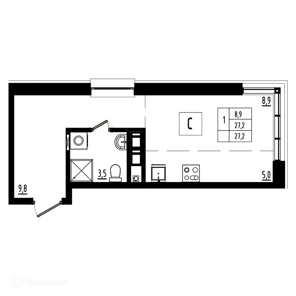 Планировка студии квартиры 27.2 м² в ЖК Мелодия леса, г. Ярославль — фото 1