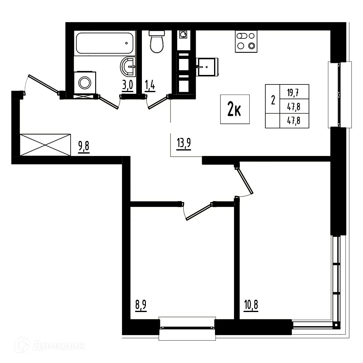 Планировка 2-комнатной квартиры 47.8 м² в ЖК Мелодия леса, г. Ярославль — фото 1