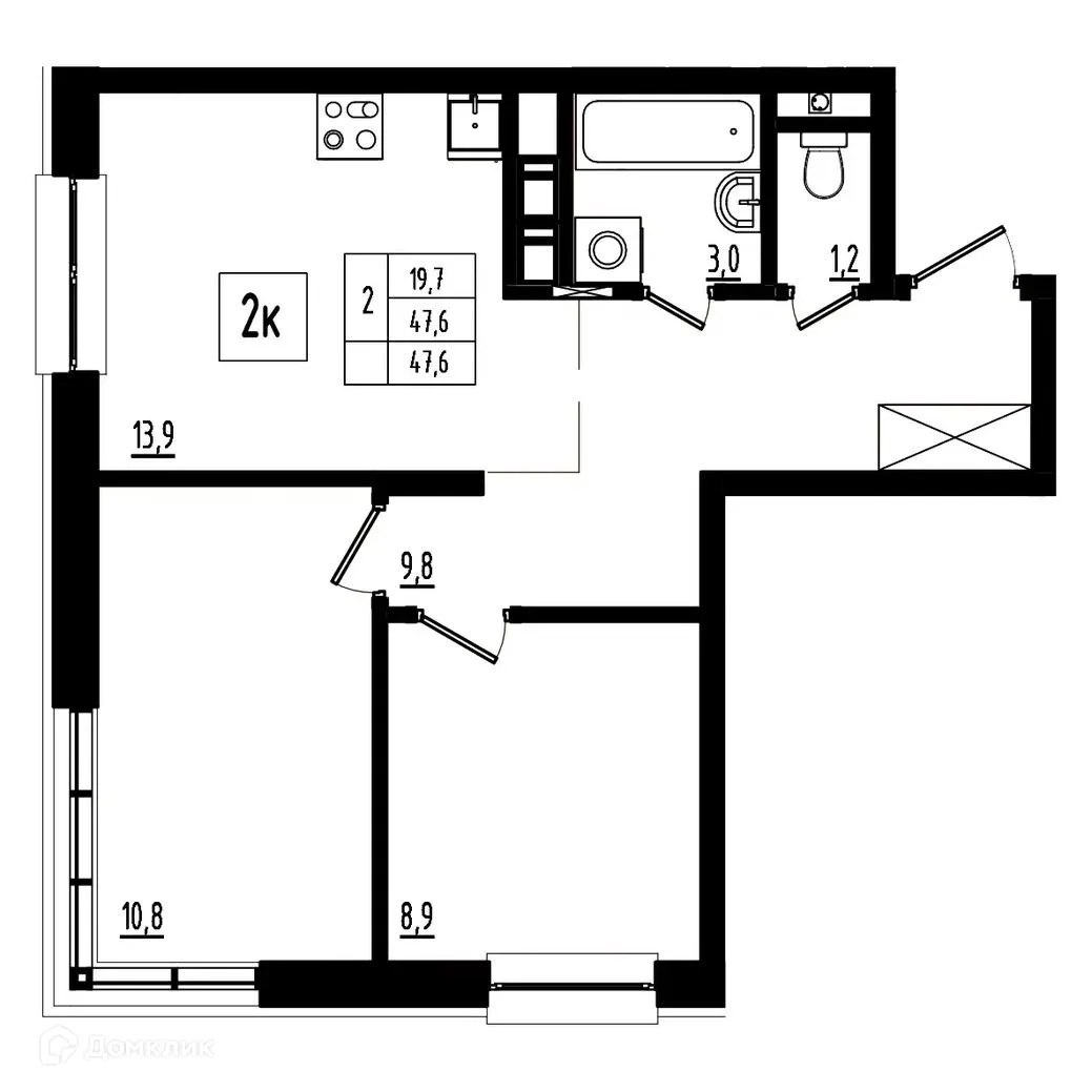 Планировка 2-комнатной квартиры 47.6 м² в ЖК Мелодия леса, г. Ярославль — фото 1