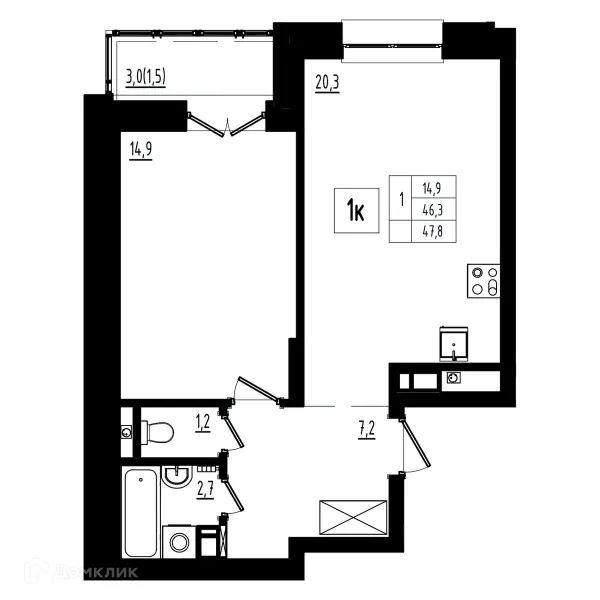 Планировка 1 комн. в ЖК Мелодия леса