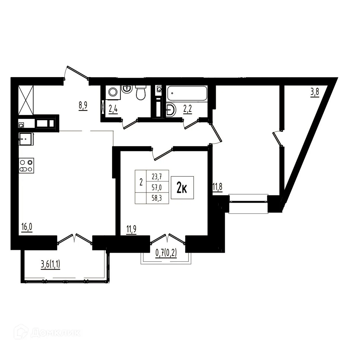 Планировка 2-комнатной квартиры 58.3 м² в ЖК Мелодия леса, г. Ярославль — фото 1