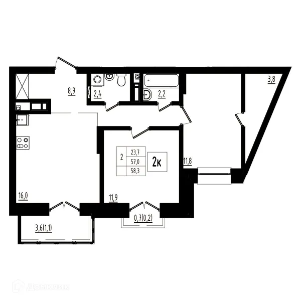 Планировка 2 комн. в ЖК Мелодия леса