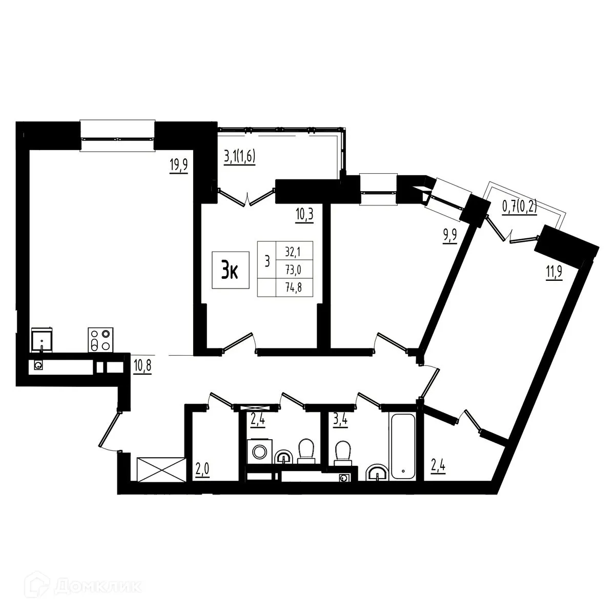 Планировка 3-комнатной квартиры 74.8 м² в ЖК Мелодия леса, г. Ярославль — фото 1