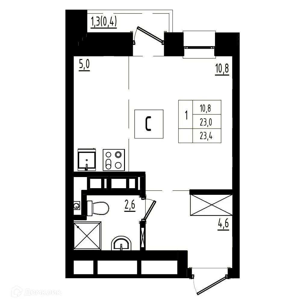 Планировка студии квартиры 23.4 м² в ЖК Мелодия леса, г. Ярославль — фото 1