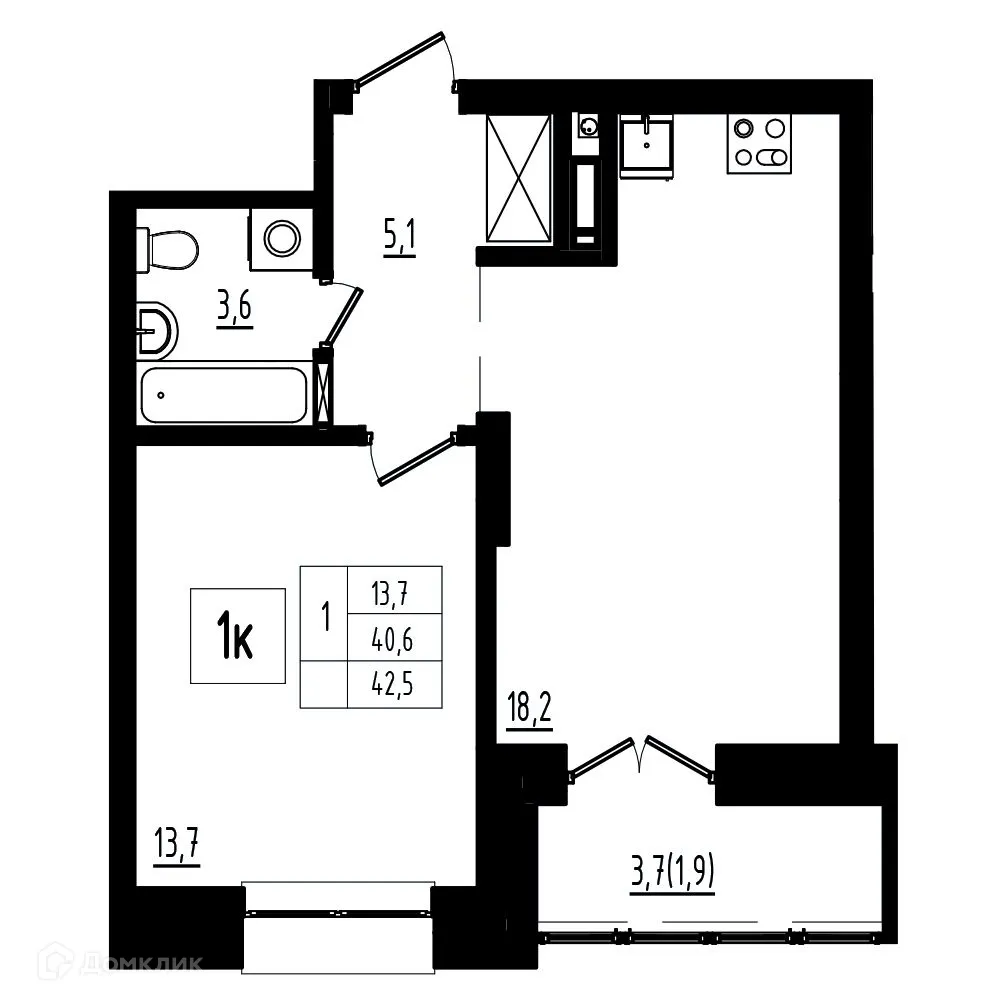 Планировка 1-комнатной квартиры 42.5 м² в ЖК Мелодия леса, г. Ярославль — фото 1