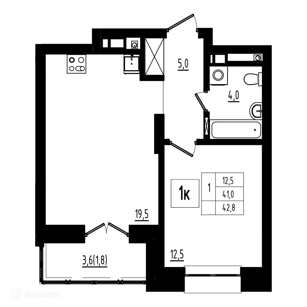 Планировка 1-комнатной квартиры 42.8 м² в ЖК Мелодия леса, г. Ярославль — фото 1