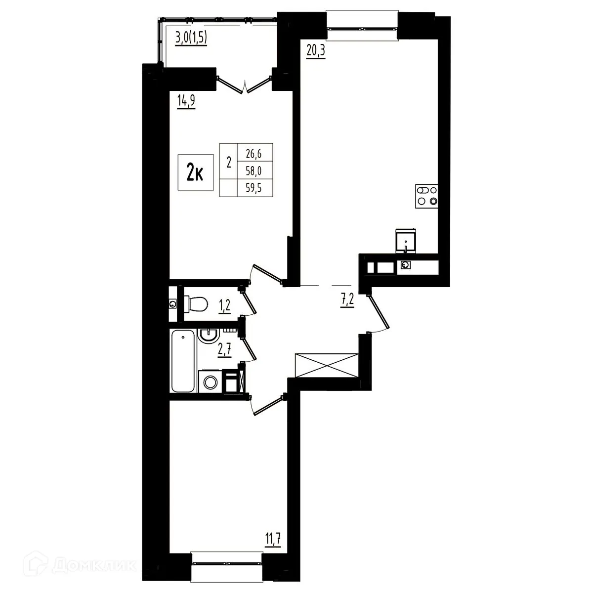 Планировка 2-комнатной квартиры 59.5 м² в ЖК Мелодия леса, г. Ярославль — фото 1