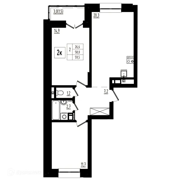 Планировка 2 комн. в ЖК Мелодия леса