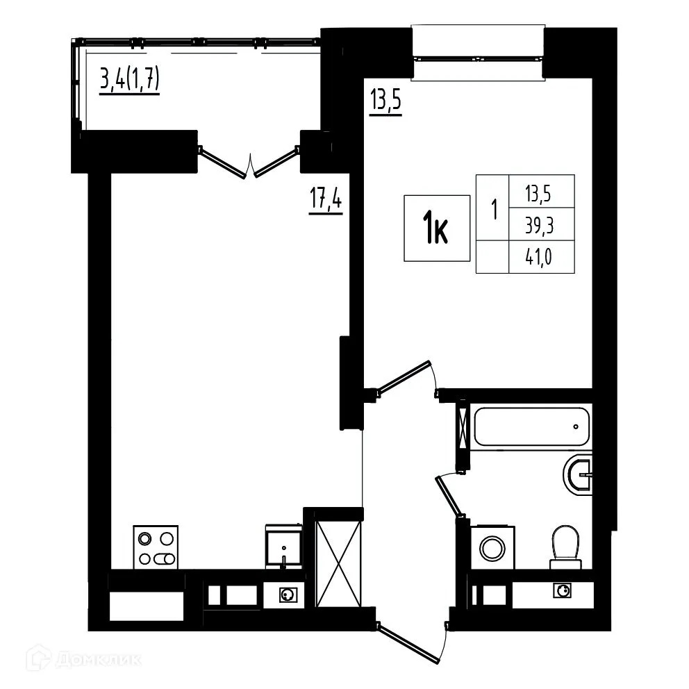 Планировка 1-комнатной квартиры 41 м² в ЖК Мелодия леса, г. Ярославль — фото 1