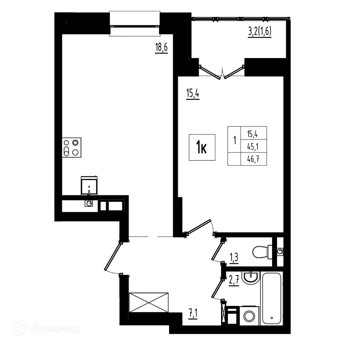 Планировка 1-комнатной квартиры 46.7 м² в ЖК Мелодия леса, г. Ярославль — фото 1