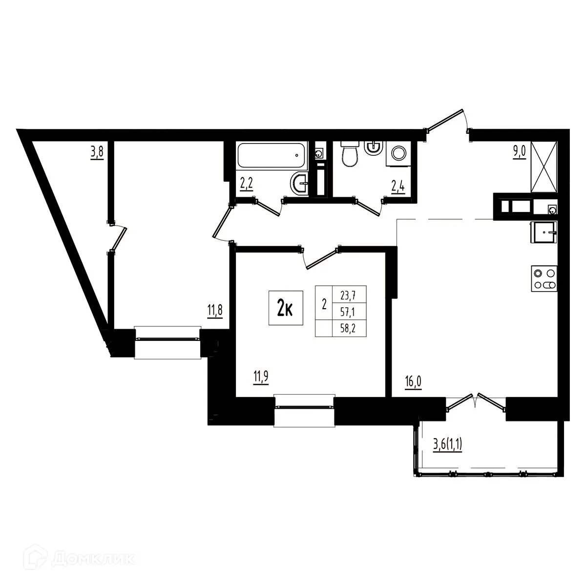 Планировка 2-комнатной квартиры 58.2 м² в ЖК Мелодия леса, г. Ярославль — фото 1