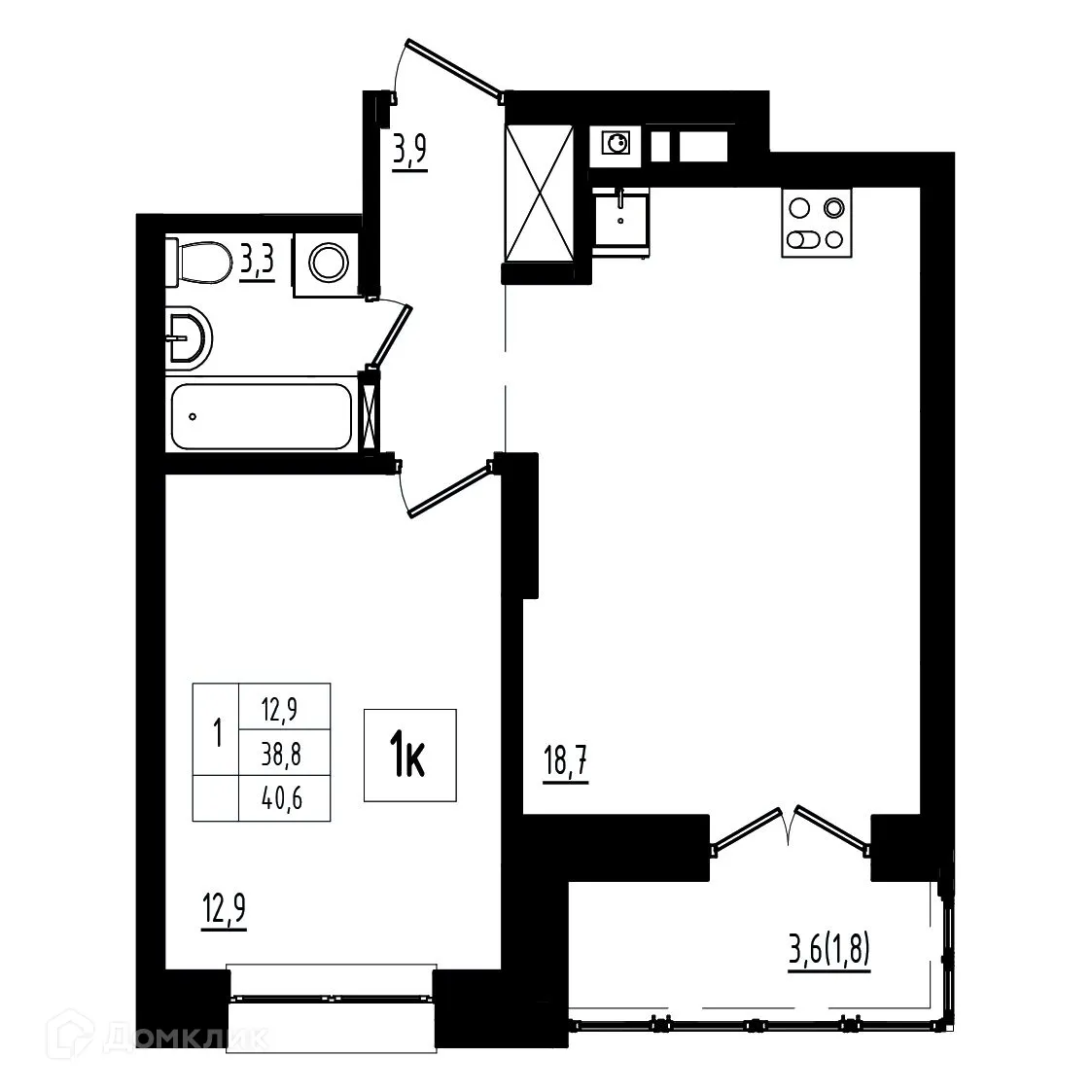 Планировка 1-комнатной квартиры 40.6 м² в ЖК Мелодия леса, г. Ярославль — фото 1