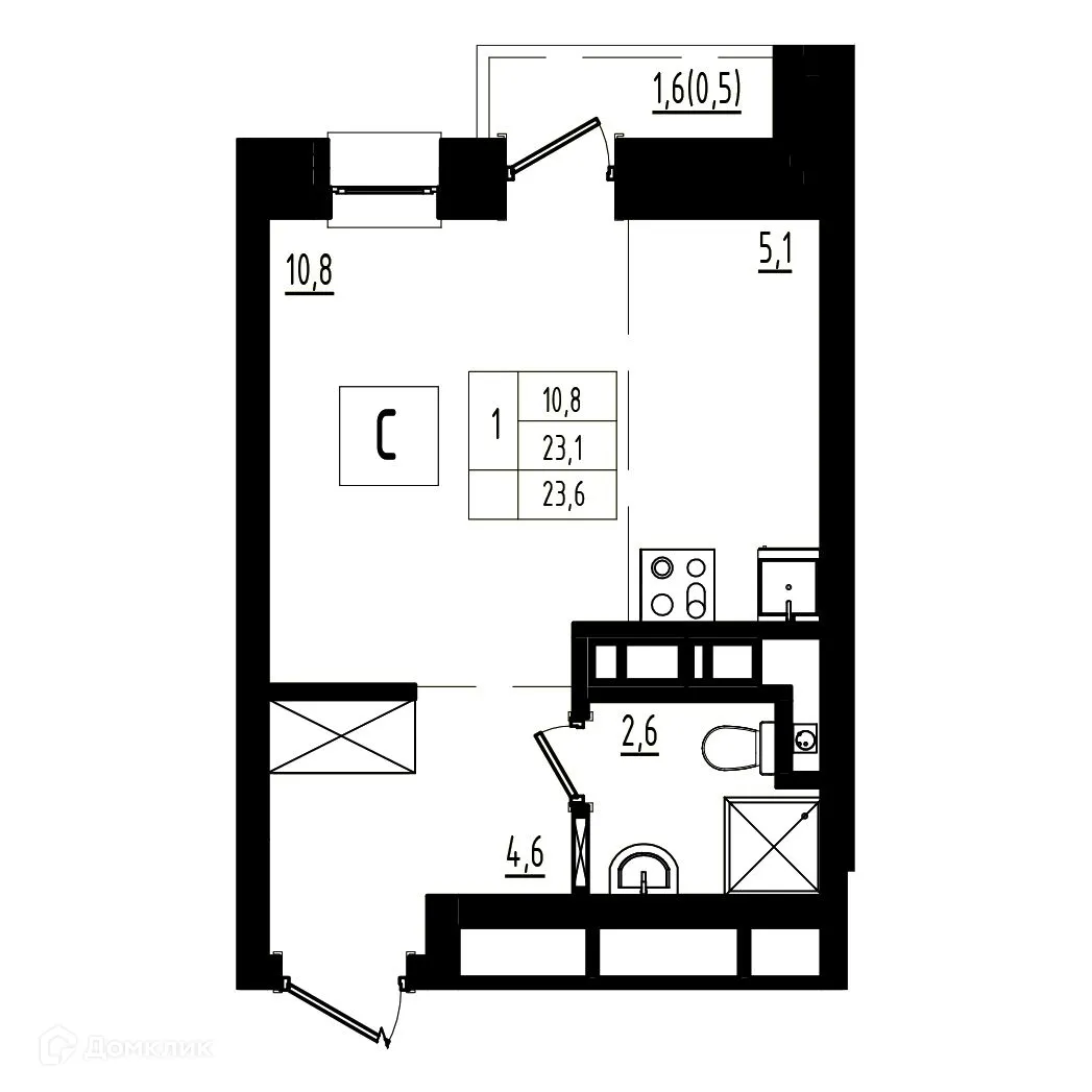 Планировка студии квартиры 23.6 м² в ЖК Мелодия леса, г. Ярославль — фото 1