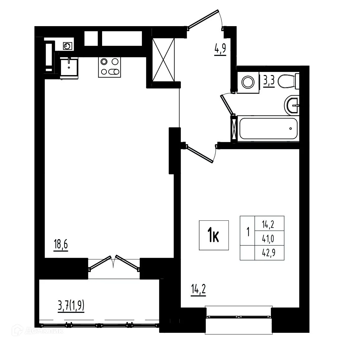 Планировка 1-комнатной квартиры 42.9 м² в ЖК Мелодия леса, г. Ярославль — фото 1