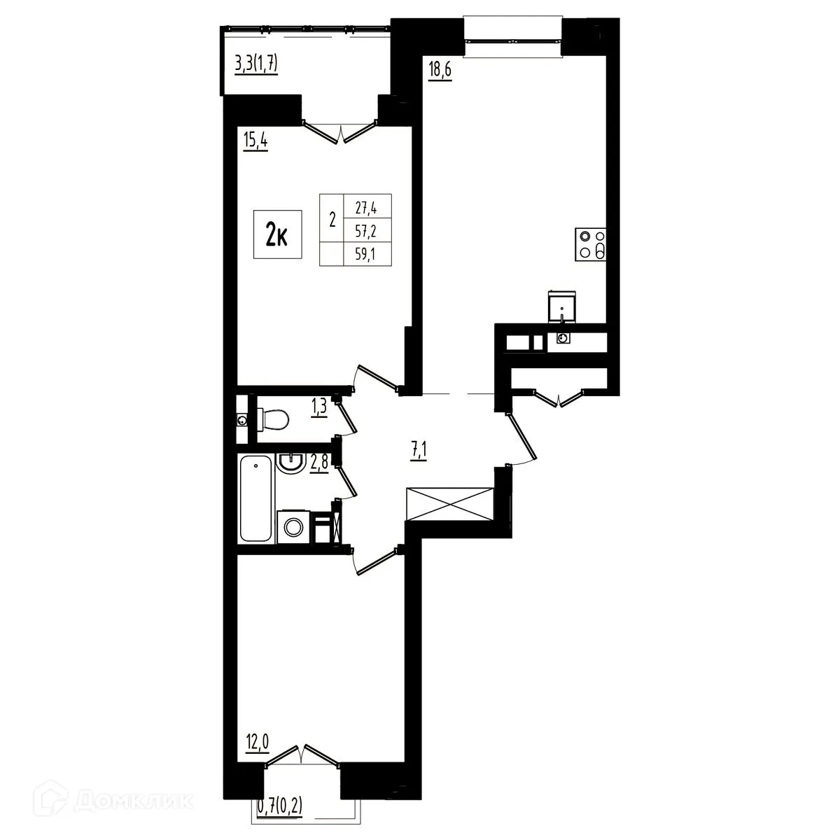 Планировка 2-комнатной квартиры 59.1 м² в ЖК Мелодия леса, г. Ярославль — фото 1