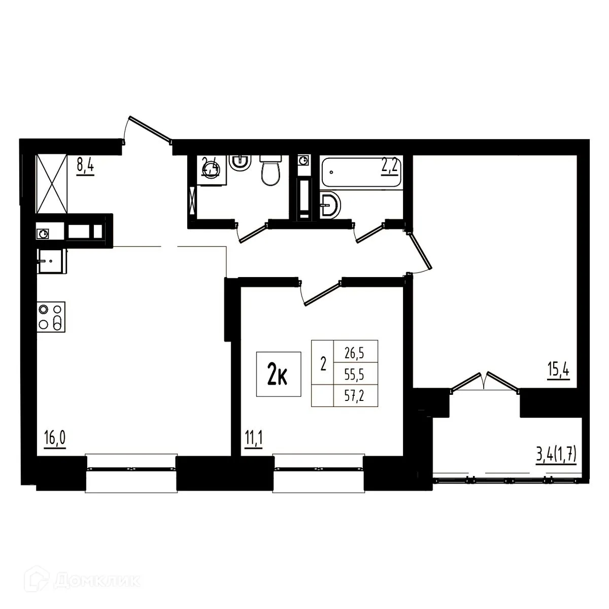 Планировка 2-комнатной квартиры 57.2 м² в ЖК Мелодия леса, г. Ярославль — фото 1