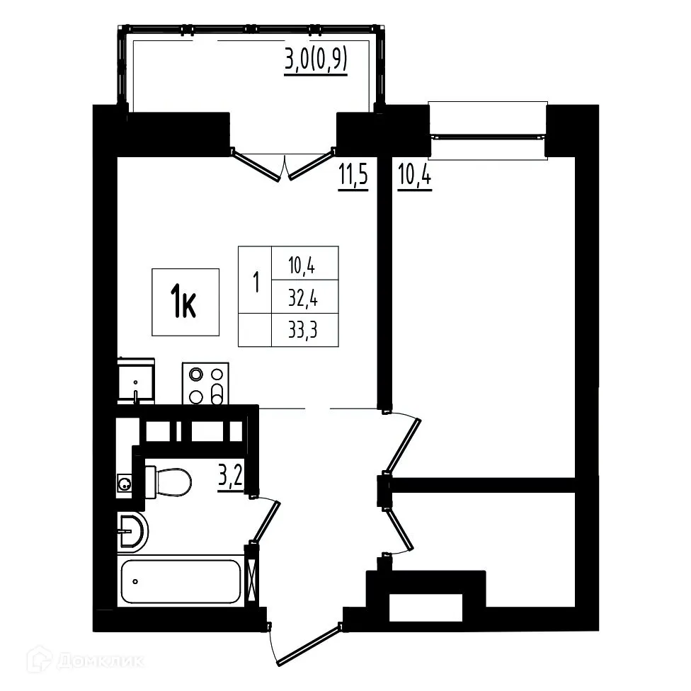Планировка 1-комнатной квартиры 33.3 м² в ЖК Мелодия леса, г. Ярославль — фото 1