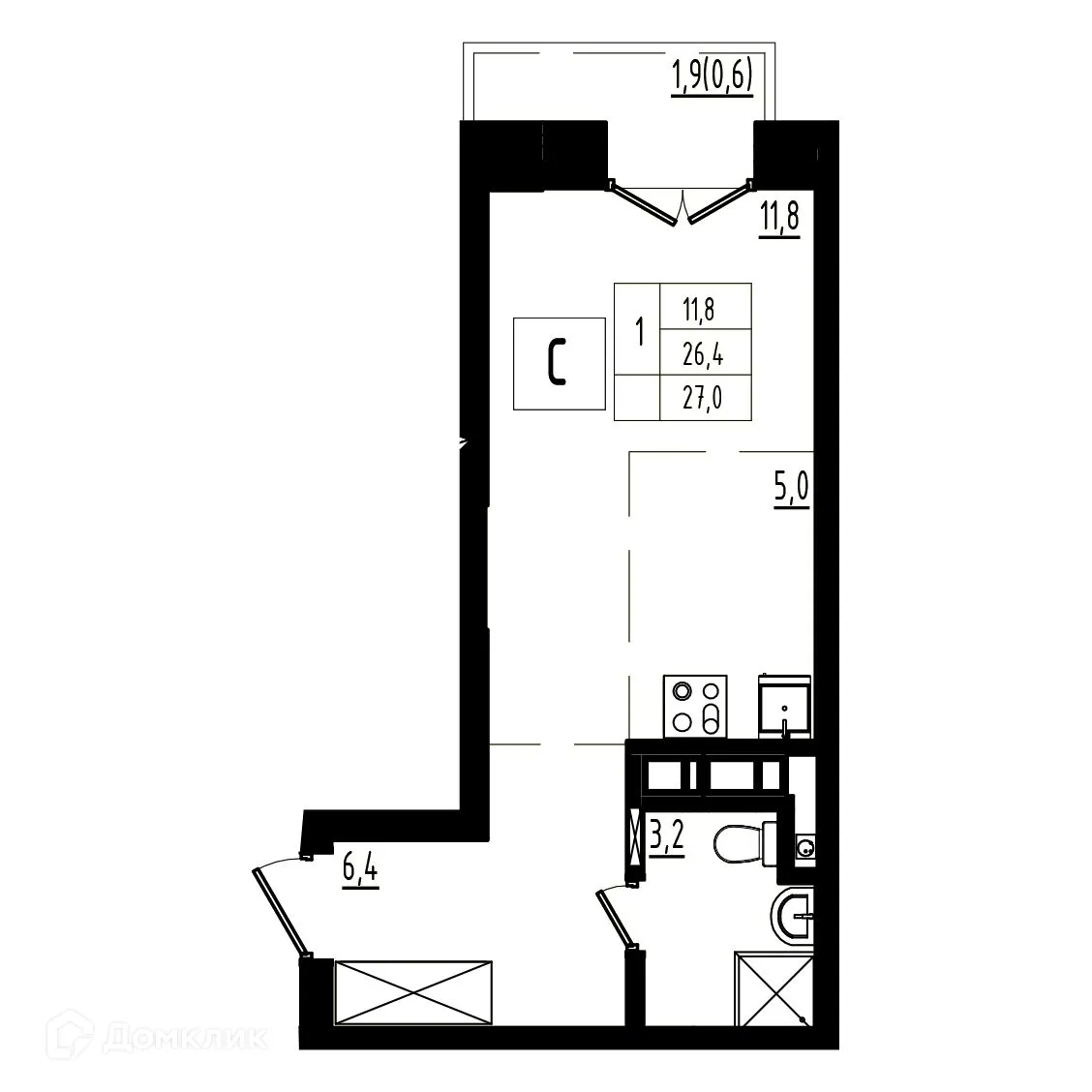 Планировка студии квартиры 27 м² в ЖК Мелодия леса, г. Ярославль — фото 1