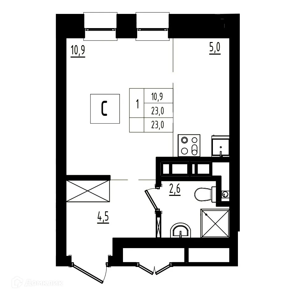 Планировка студии квартиры 23 м² в ЖК Мелодия леса, г. Ярославль — фото 1