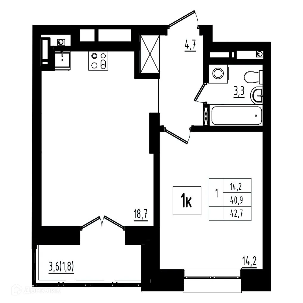 Планировка 1-комнатной квартиры 42.7 м² в ЖК Мелодия леса, г. Ярославль — фото 1