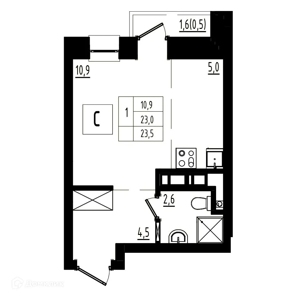 Планировка студии квартиры 23.5 м² в ЖК Мелодия леса, г. Ярославль — фото 1
