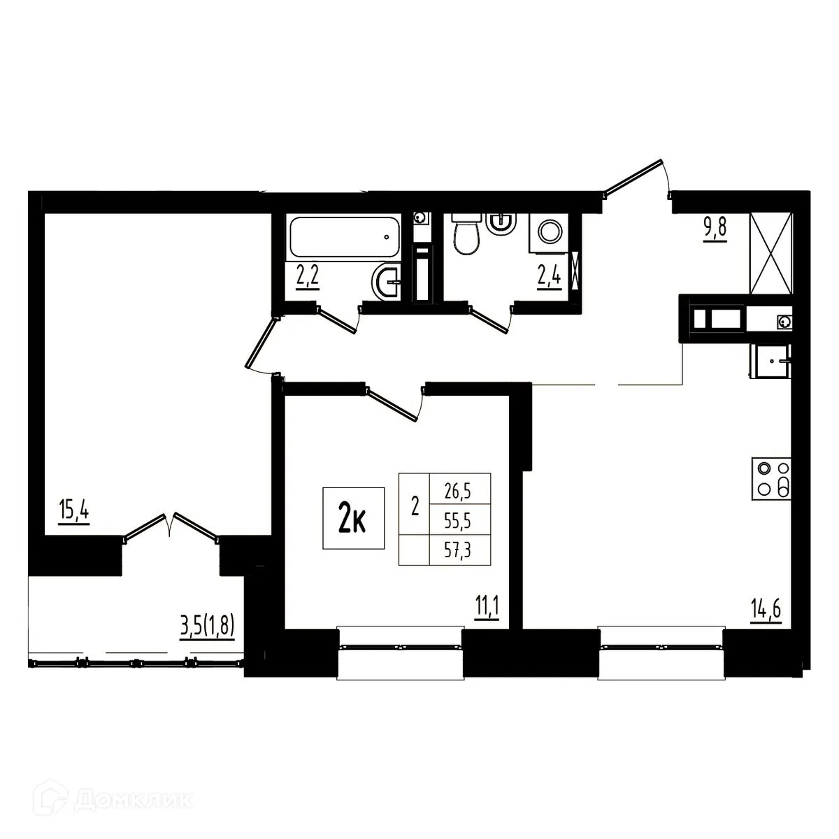 Планировка 2-комнатной квартиры 57.3 м² в ЖК Мелодия леса, г. Ярославль — фото 1