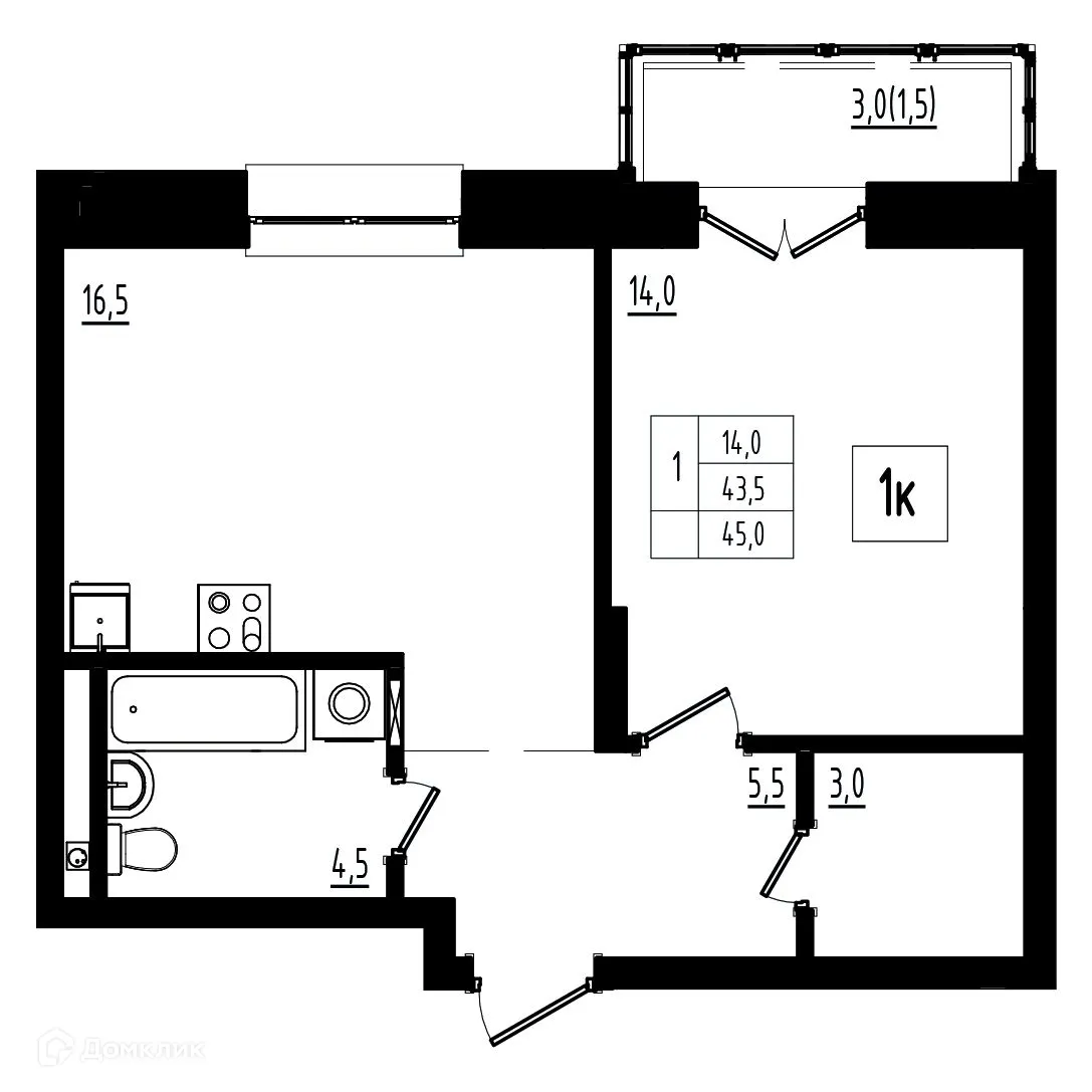 Планировка 1-комнатной квартиры 45 м² в ЖК Мелодия леса, г. Ярославль — фото 1